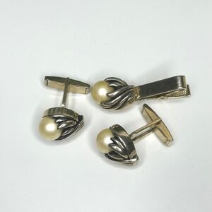 Vintage Claw Faux Pearl Cufflinks and Tie Clip Set Gold Tone Mens Jewelry‎